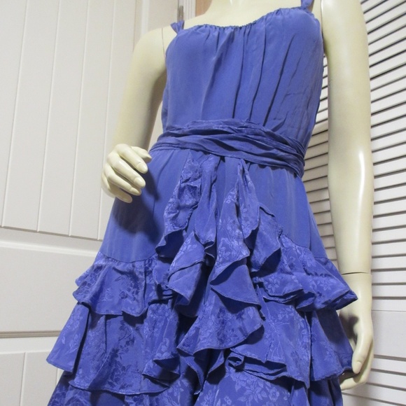 Rebecca Taylor Ruffle Tiered Cocktail Party Dress 6 100% SILK Floral Purple Boho - Picture 3 of 8